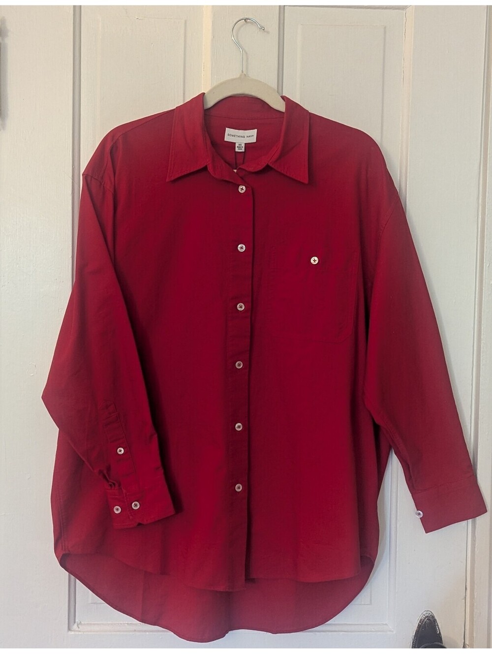 NWT SOMETHING NAVY CLASSIC OVERSIZED RED BUTTON UP SHIRT | XXS (see sizing)